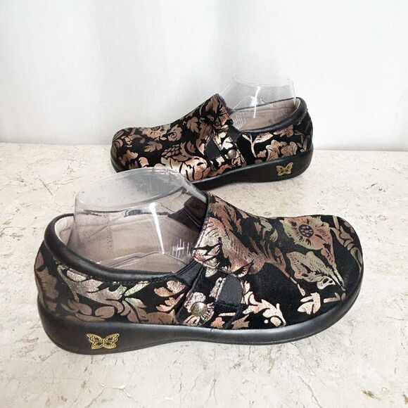 💐 Alegria Comfort Shoes Euro 38 Black Gold Floral Clogs Excellent Fun! 7 7.5 8 - Picture 10 of 16